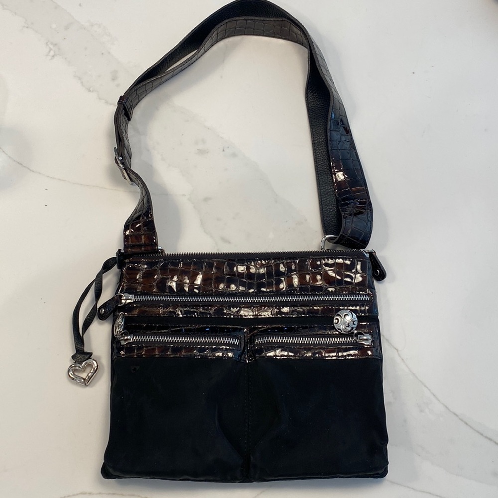 Brighton black nylon and brown leather crossbody bag